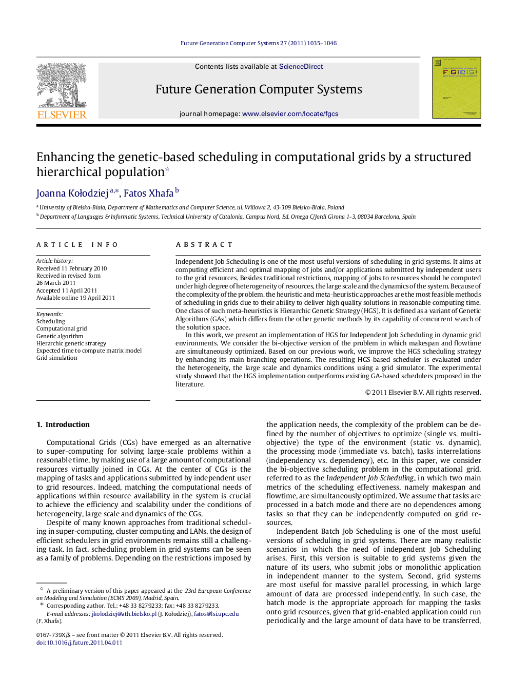 Enhancing the genetic-based scheduling in computational grids by a structured hierarchical population 