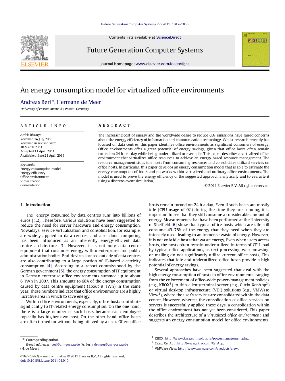 An energy consumption model for virtualized office environments