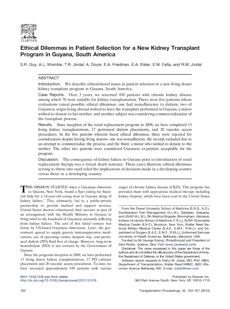 Ethical Dilemmas in Patient Selection for a New Kidney Transplant Program in Guyana, South America 