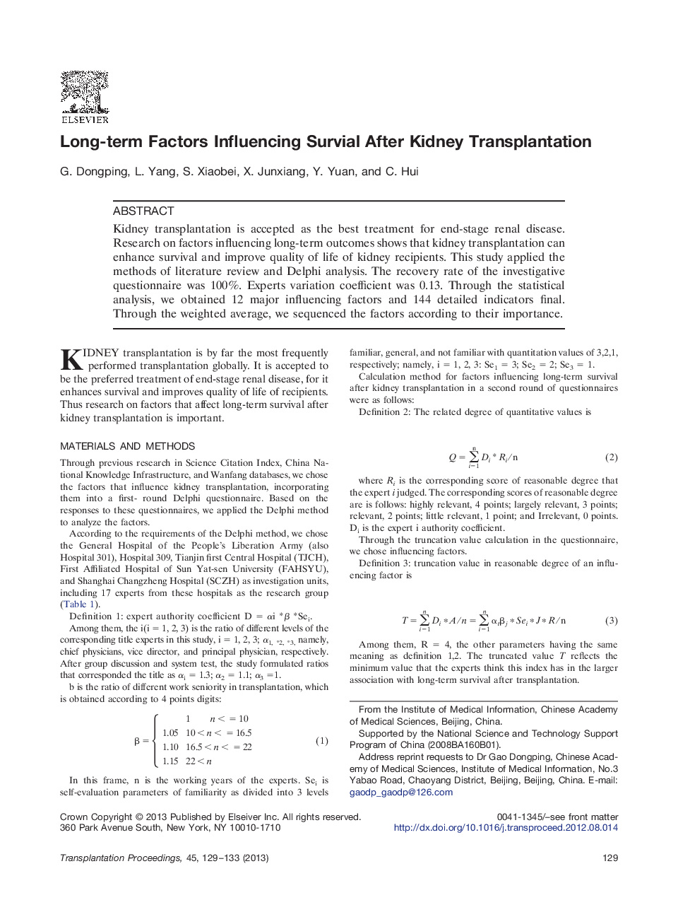 Long-term Factors Influencing Survial After Kidney Transplantation 