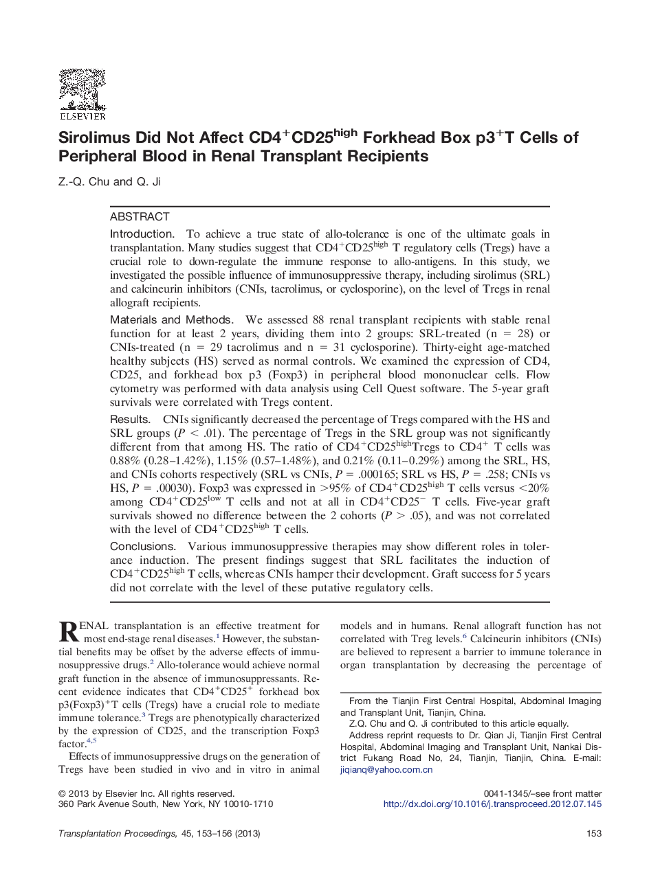 Sirolimus Did Not Affect CD4+CD25high Forkhead Box p3+T Cells of Peripheral Blood in Renal Transplant Recipients 