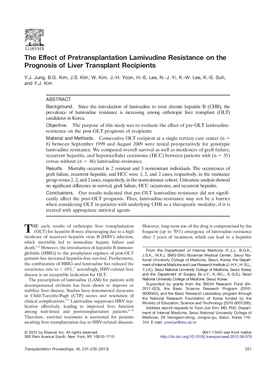 The Effect of Pretransplantation Lamivudine Resistance on the Prognosis of Liver Transplant Recipients 