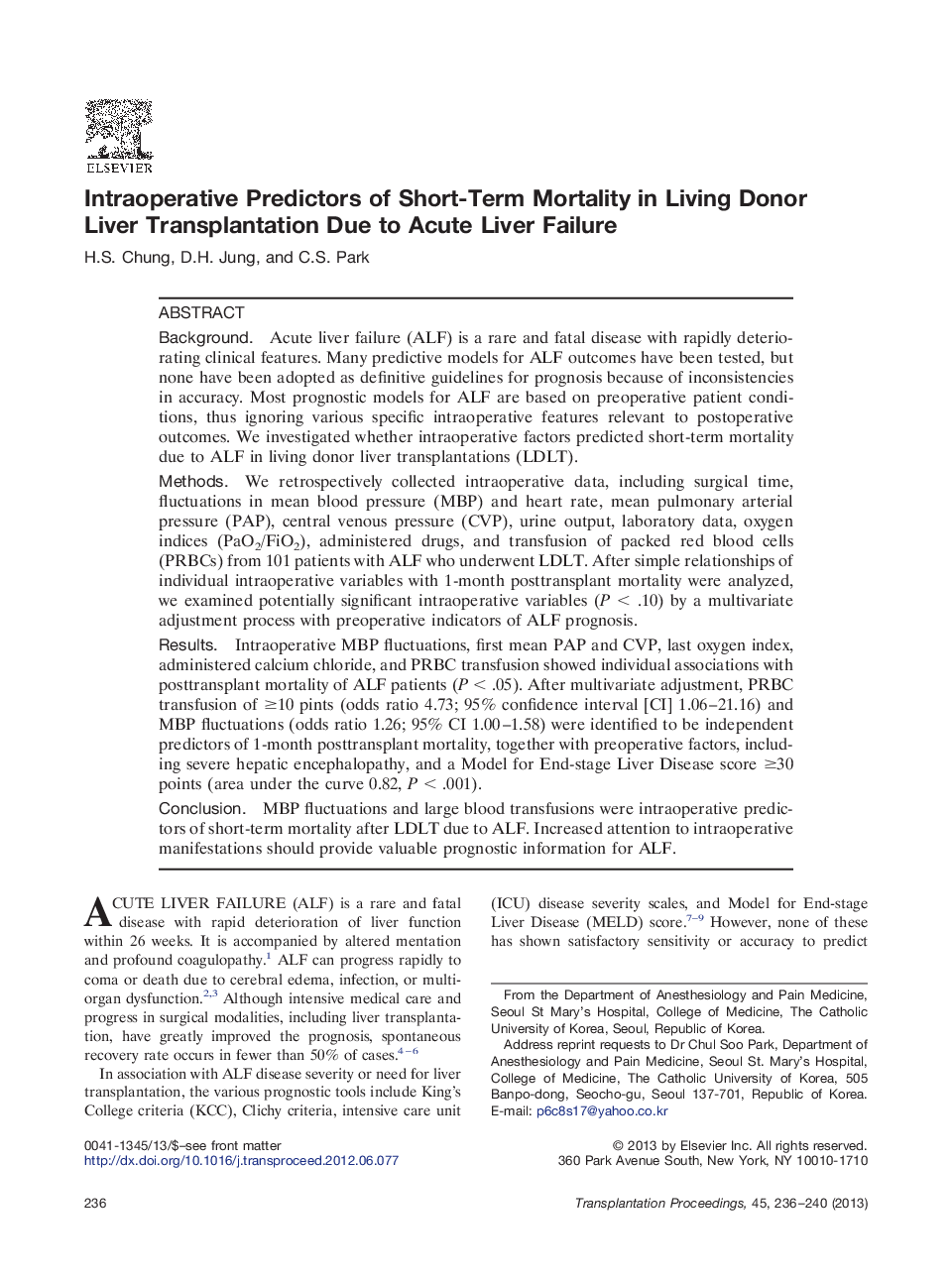 Intraoperative Predictors of Short-Term Mortality in Living Donor Liver Transplantation Due to Acute Liver Failure