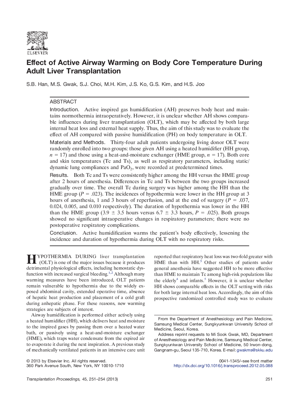 Effect of Active Airway Warming on Body Core Temperature During Adult Liver Transplantation