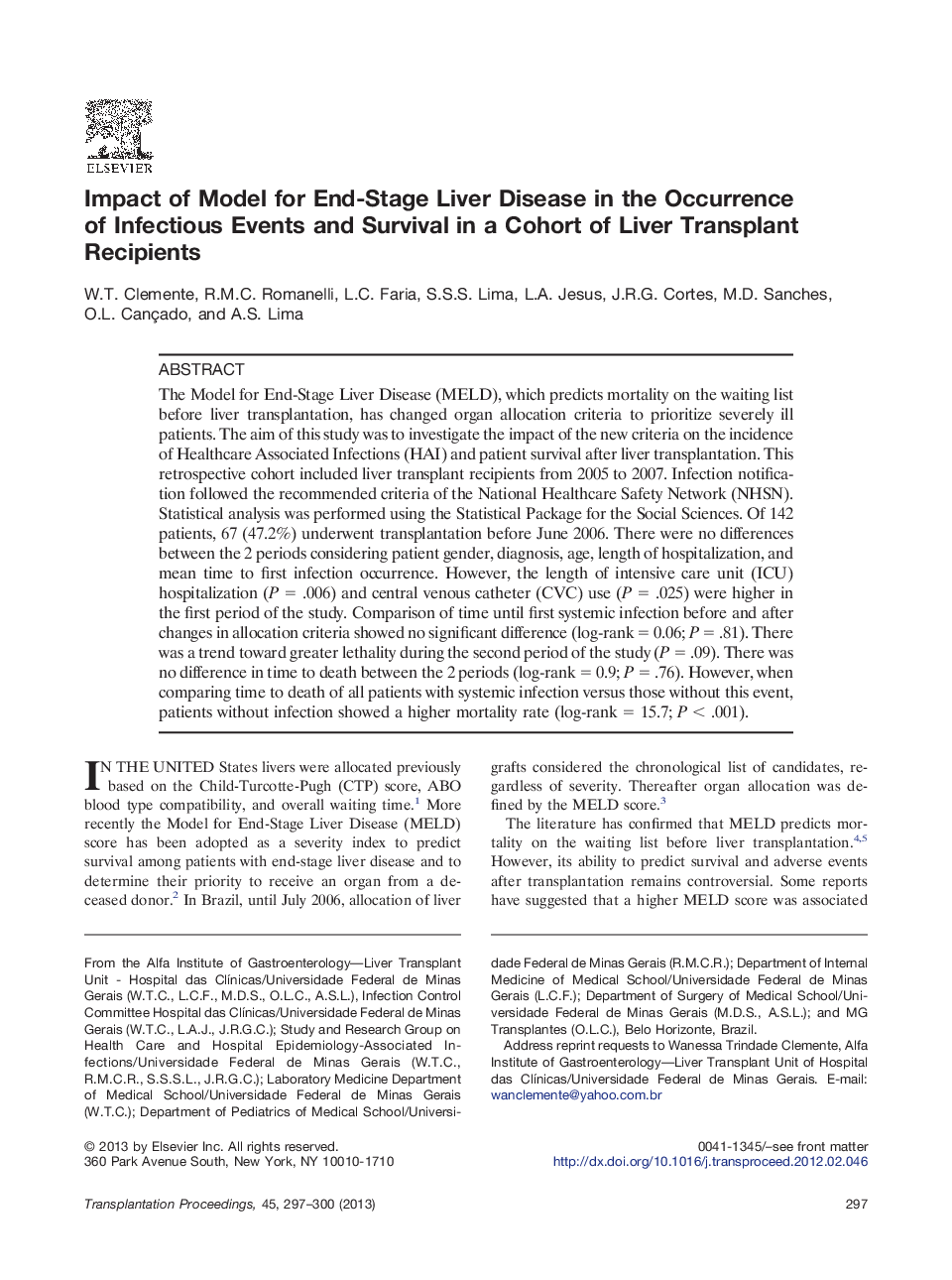 Impact of Model for End-Stage Liver Disease in the Occurrence of Infectious Events and Survival in a Cohort of Liver Transplant Recipients