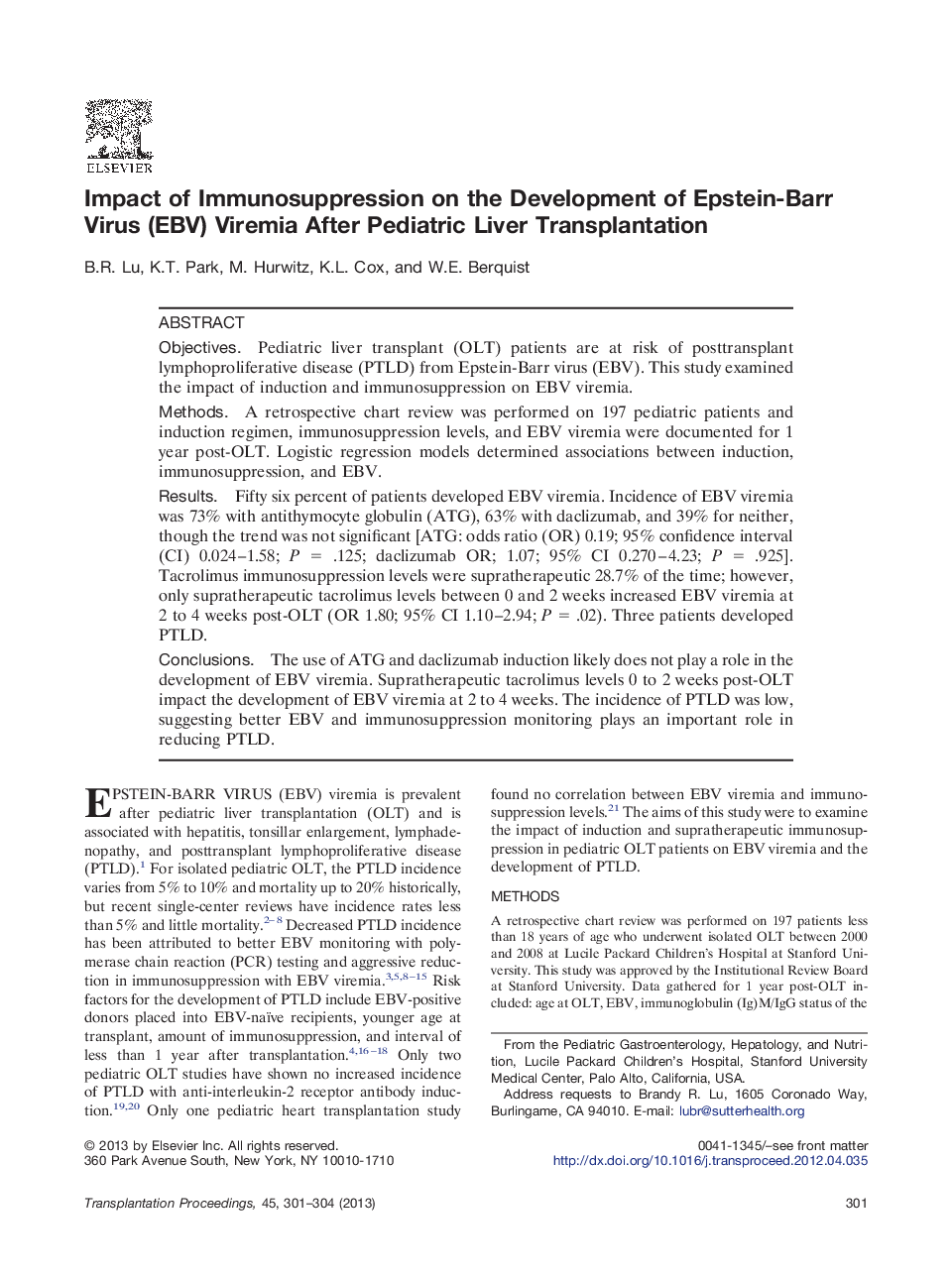 Impact of Immunosuppression on the Development of Epstein-Barr Virus (EBV) Viremia After Pediatric Liver Transplantation
