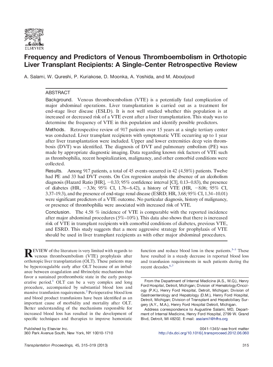 Frequency and Predictors of Venous Thromboembolism in Orthotopic Liver Transplant Recipients: A Single-Center Retrospective Review