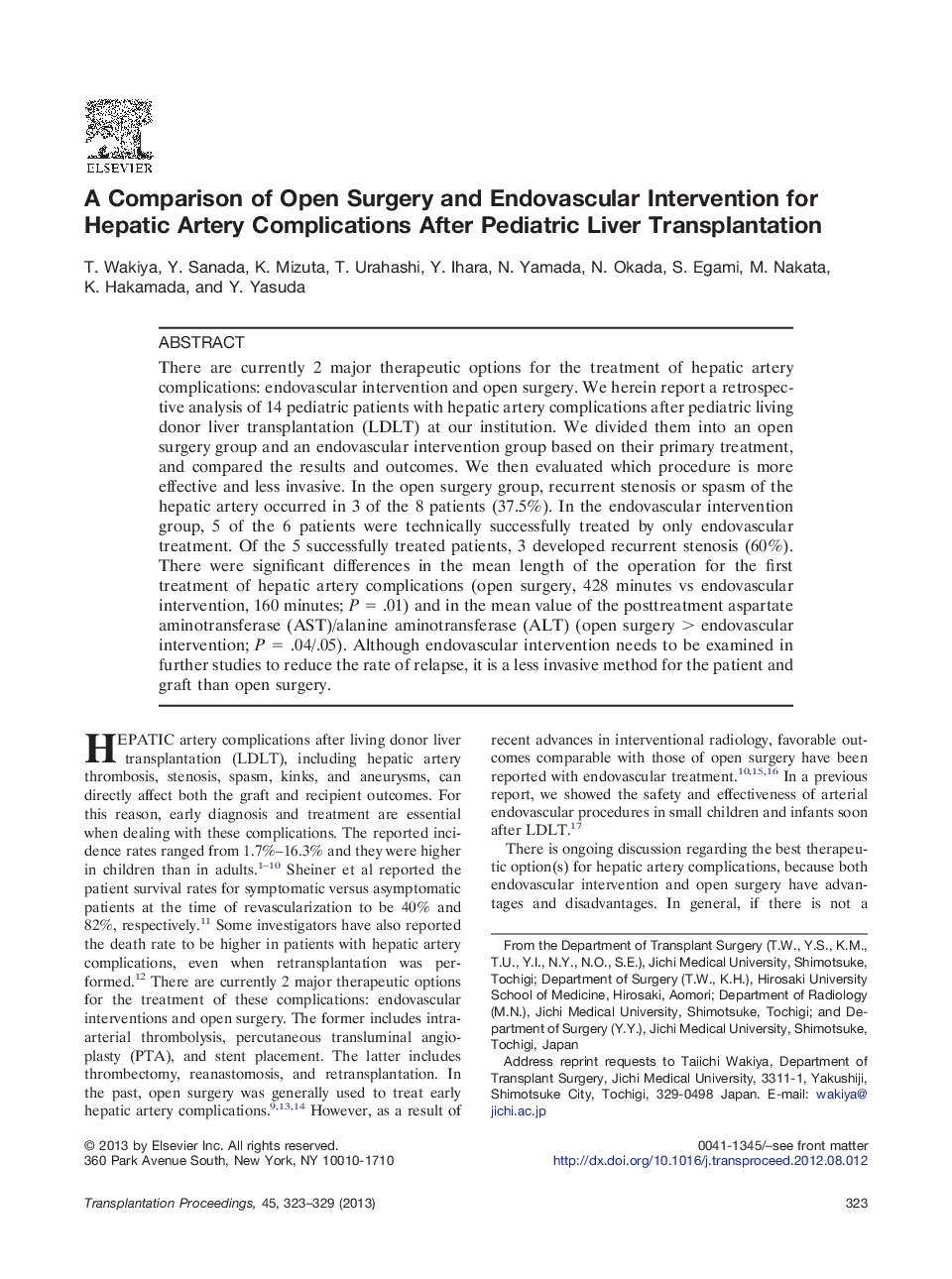 A Comparison of Open Surgery and Endovascular Intervention for Hepatic Artery Complications After Pediatric Liver Transplantation