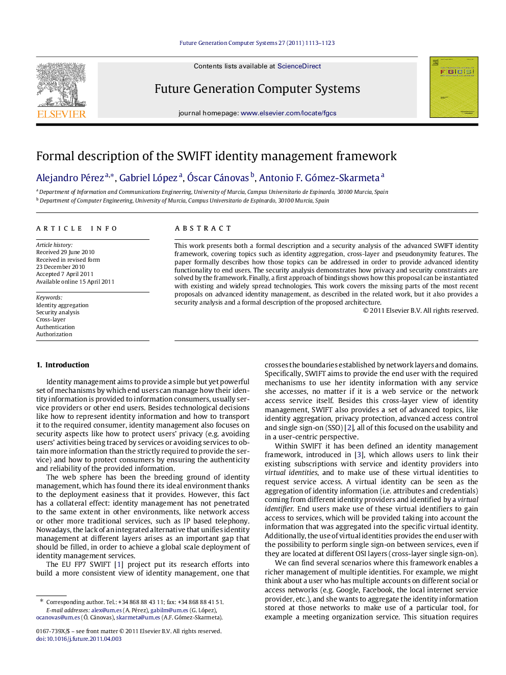 Formal description of the SWIFT identity management framework