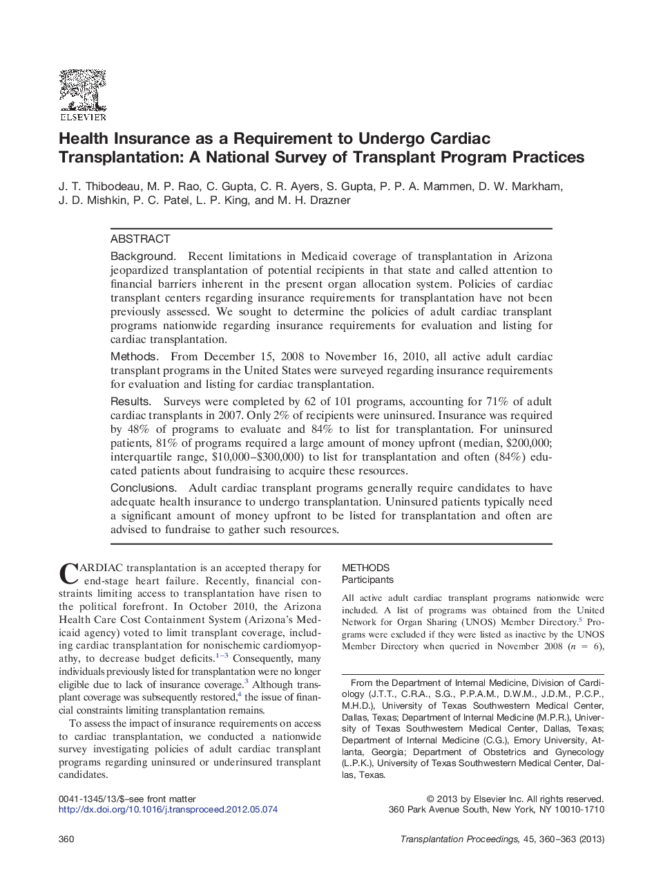 Health Insurance as a Requirement to Undergo Cardiac Transplantation: A National Survey of Transplant Program Practices