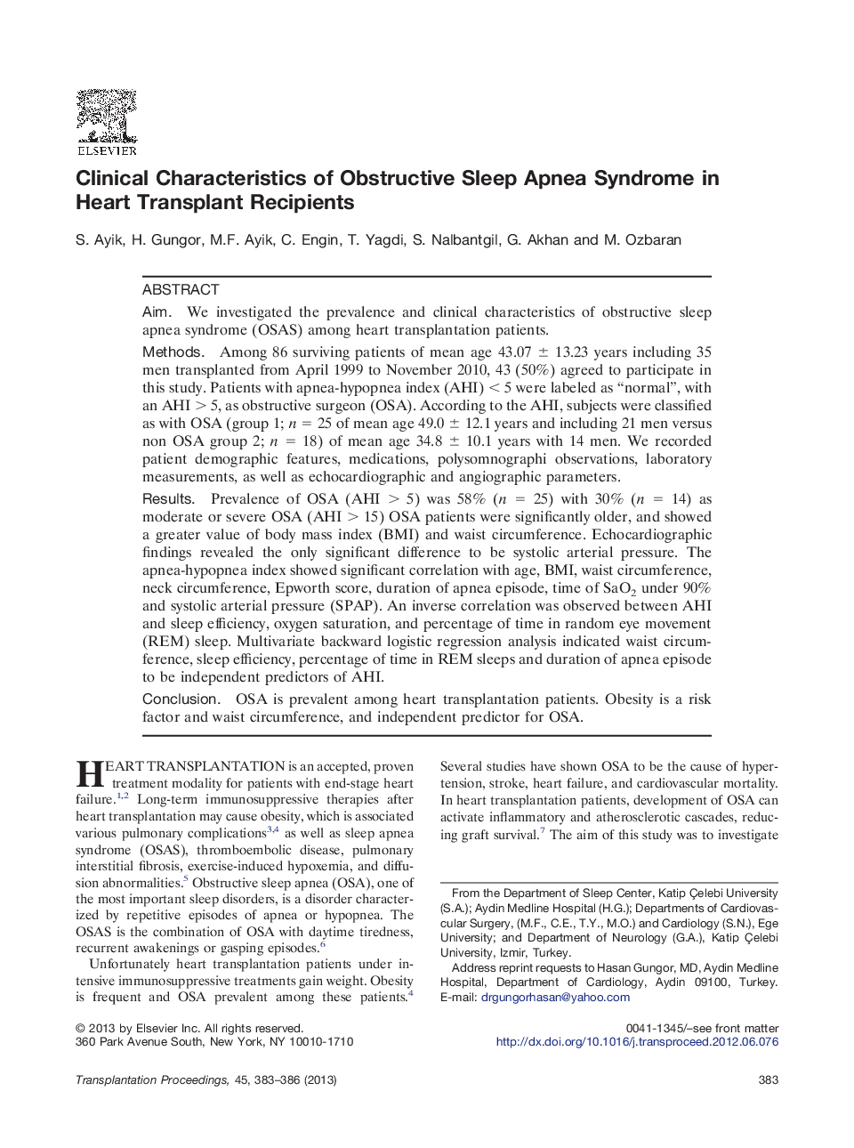 Clinical Characteristics of Obstructive Sleep Apnea Syndrome in Heart Transplant Recipients