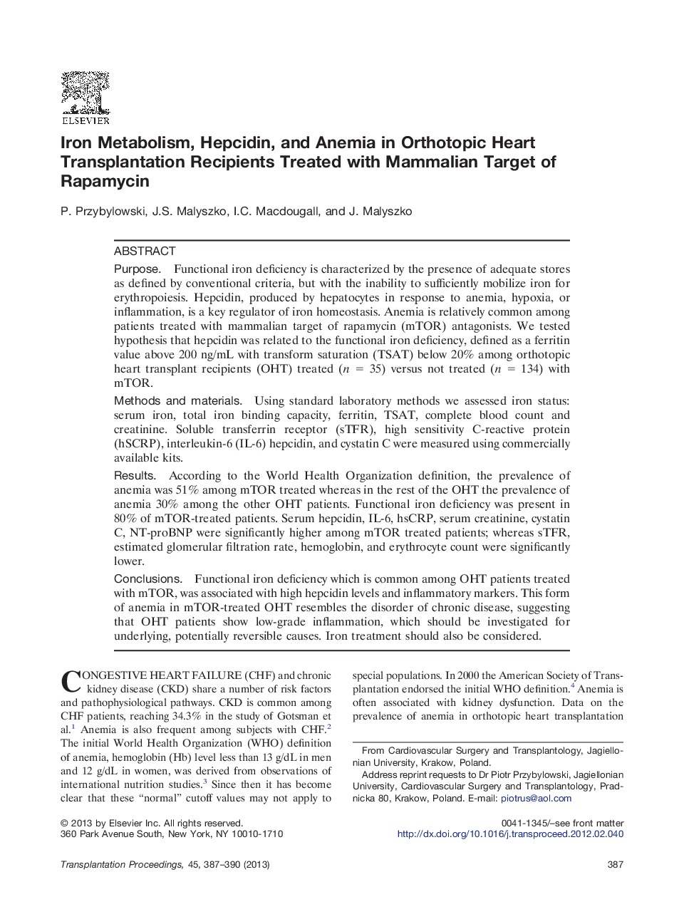 Iron Metabolism, Hepcidin, and Anemia in Orthotopic Heart Transplantation Recipients Treated with Mammalian Target of Rapamycin