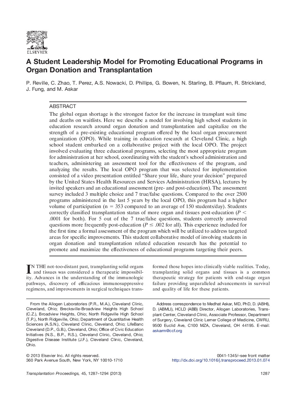A Student Leadership Model for Promoting Educational Programs in Organ Donation and Transplantation