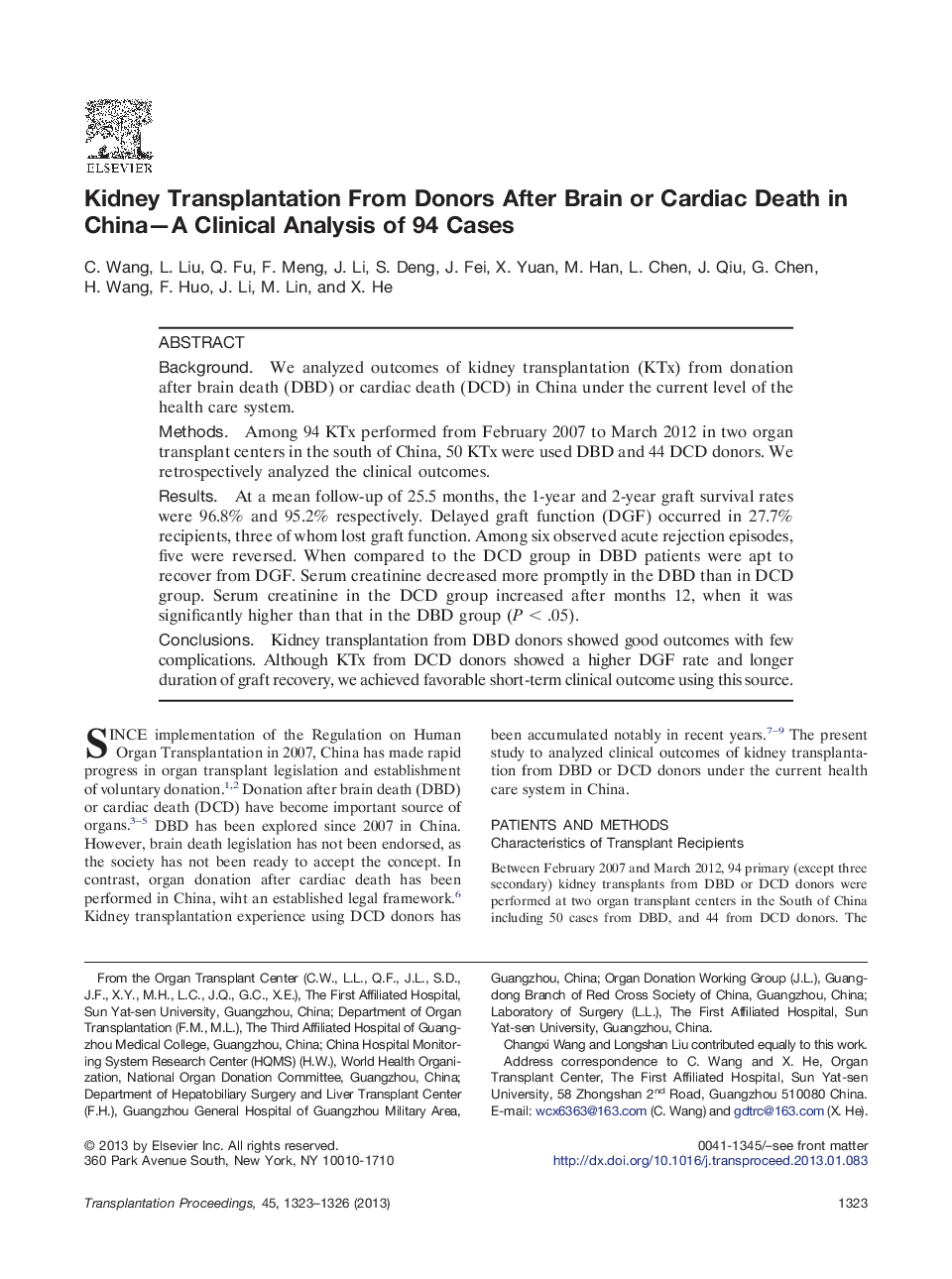 Kidney Transplantation From Donors After Brain or Cardiac Death in China—A Clinical Analysis of 94 Cases 