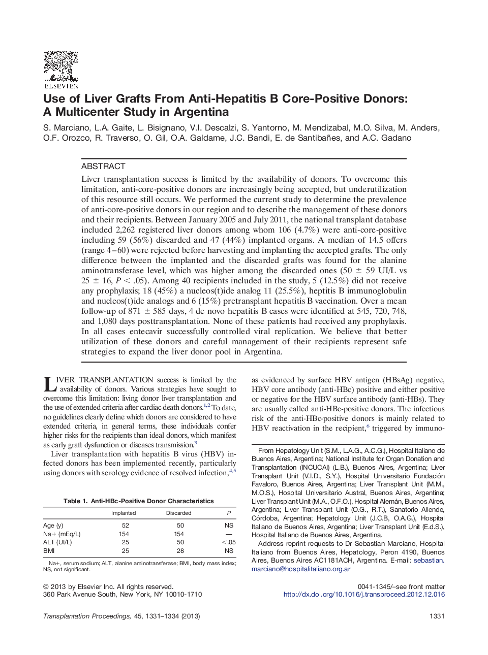 Use of Liver Grafts From Anti-Hepatitis B Core-Positive Donors: A Multicenter Study in Argentina