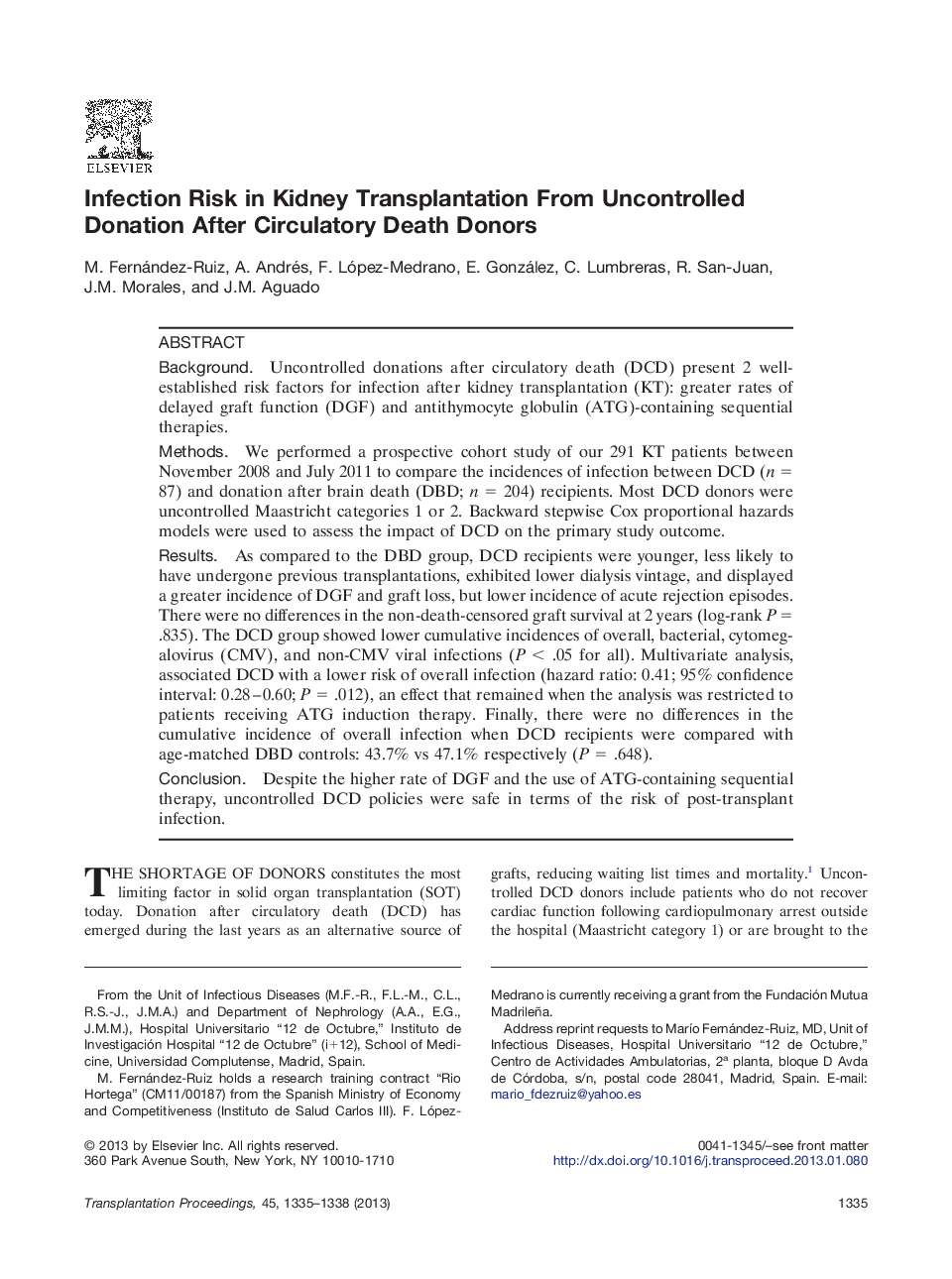 Infection Risk in Kidney Transplantation From Uncontrolled Donation After Circulatory Death Donors 