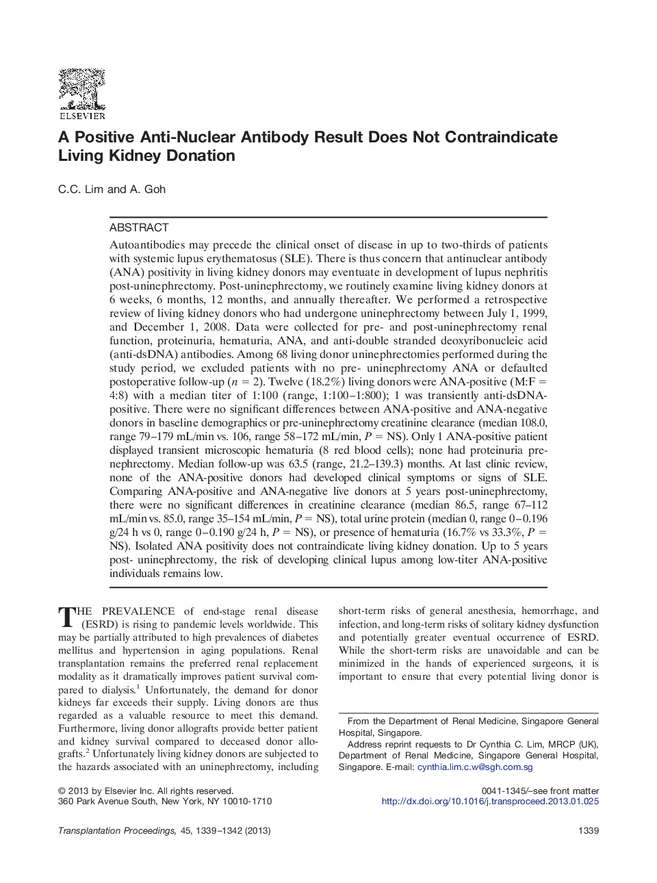 A Positive Anti-Nuclear Antibody Result Does Not Contraindicate Living Kidney Donation