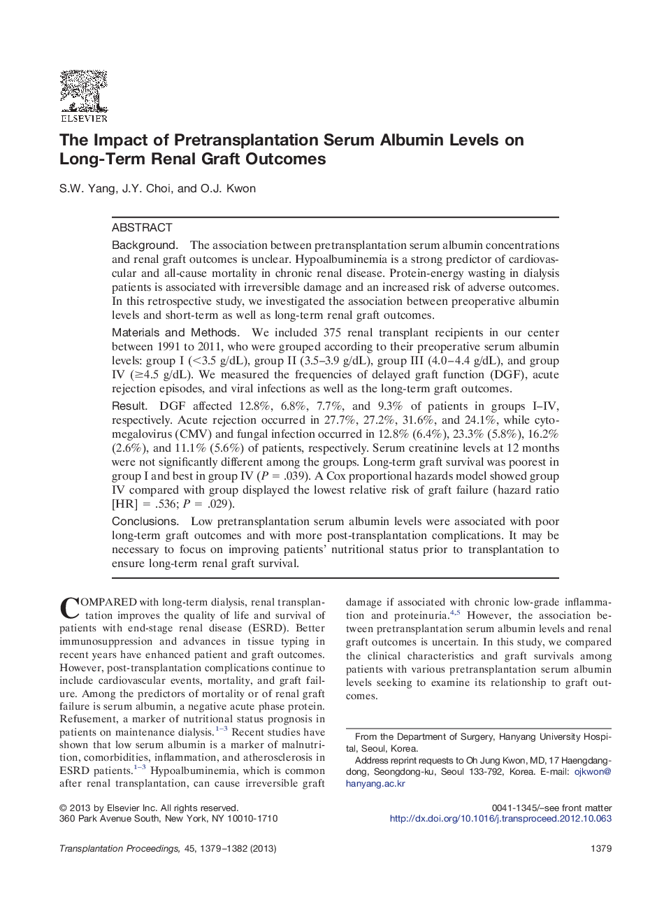 The Impact of Pretransplantation Serum Albumin Levels on Long-Term Renal Graft Outcomes