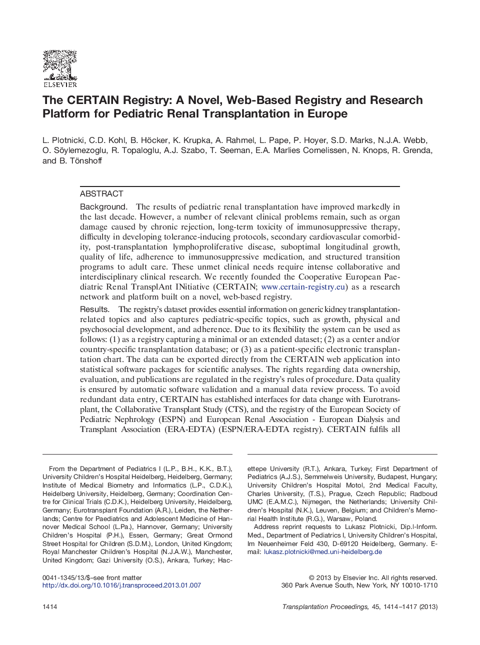 The CERTAIN Registry: A Novel, Web-Based Registry and Research Platform for Pediatric Renal Transplantation in Europe