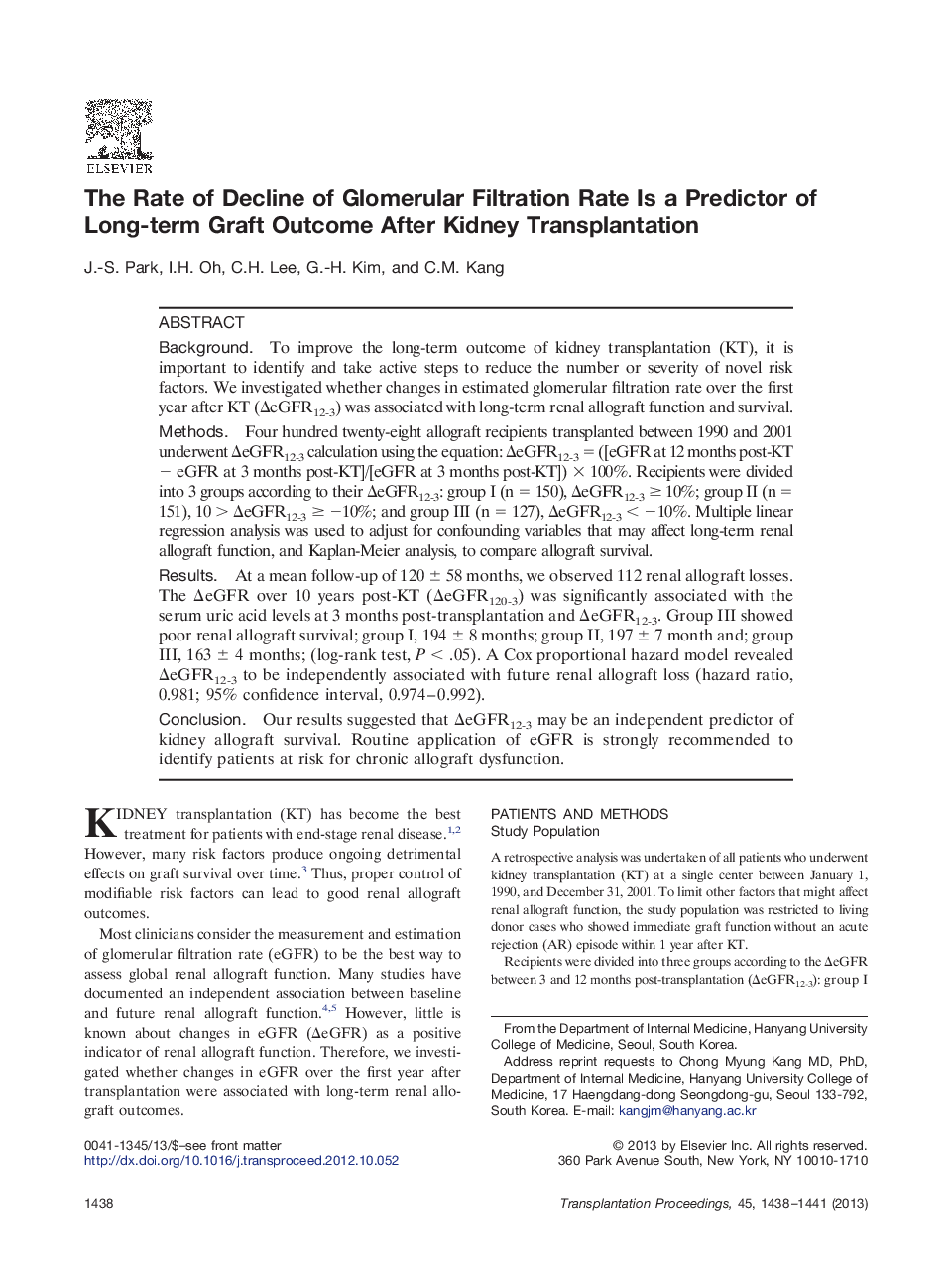 The Rate of Decline of Glomerular Filtration Rate Is a Predictor of Long-term Graft Outcome After Kidney Transplantation