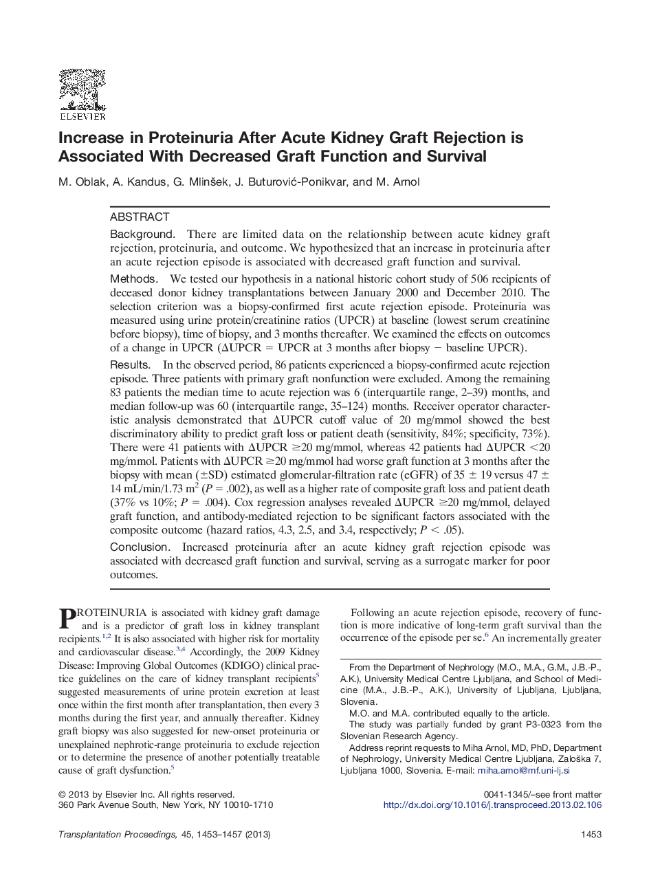 Increase in Proteinuria After Acute Kidney Graft Rejection is Associated With Decreased Graft Function and Survival 
