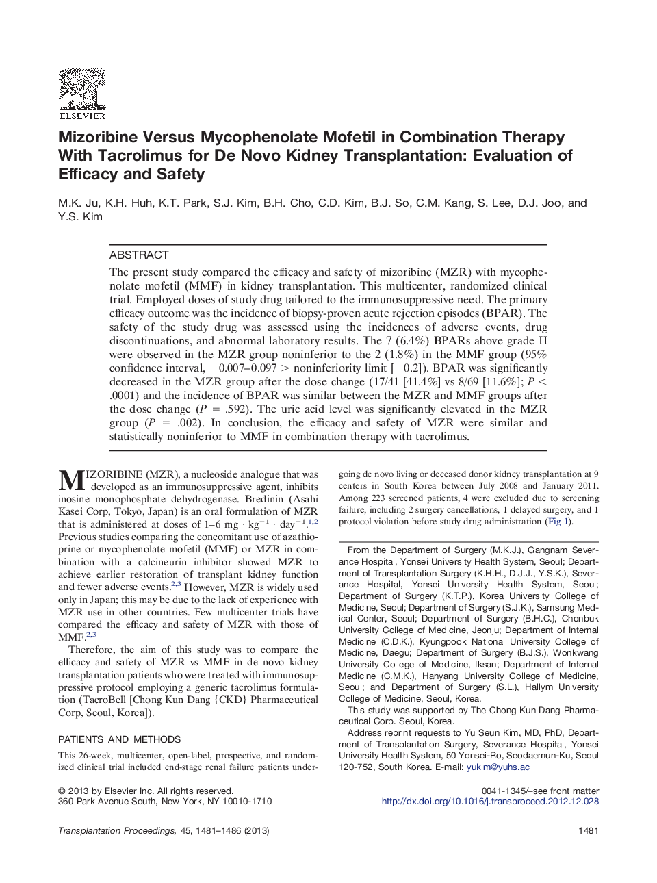 Mizoribine Versus Mycophenolate Mofetil in Combination Therapy With Tacrolimus for De Novo Kidney Transplantation: Evaluation of Efficacy and Safety