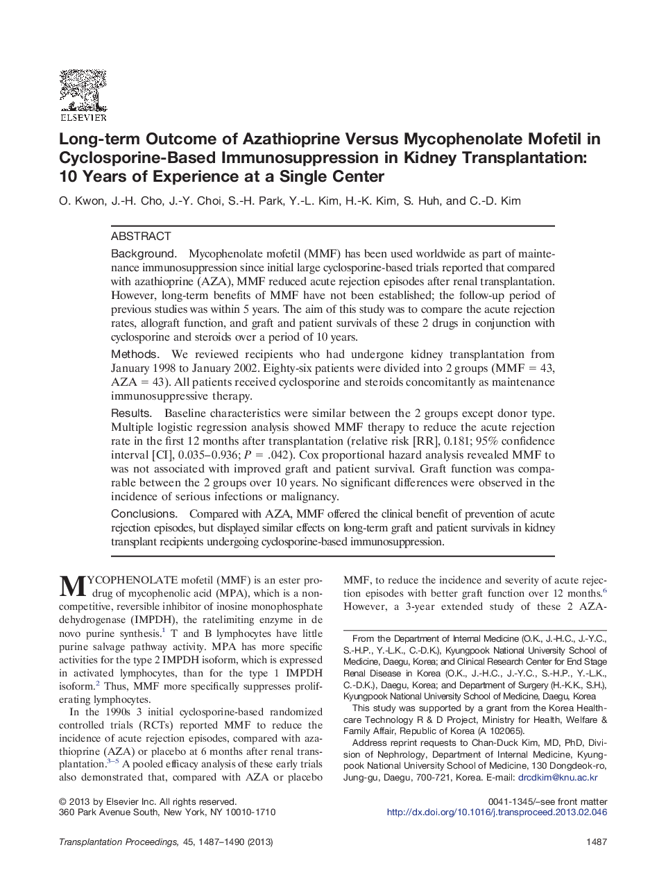 Long-term Outcome of Azathioprine Versus Mycophenolate Mofetil in Cyclosporine-Based Immunosuppression in Kidney Transplantation: 10 Years of Experience at a Single Center 