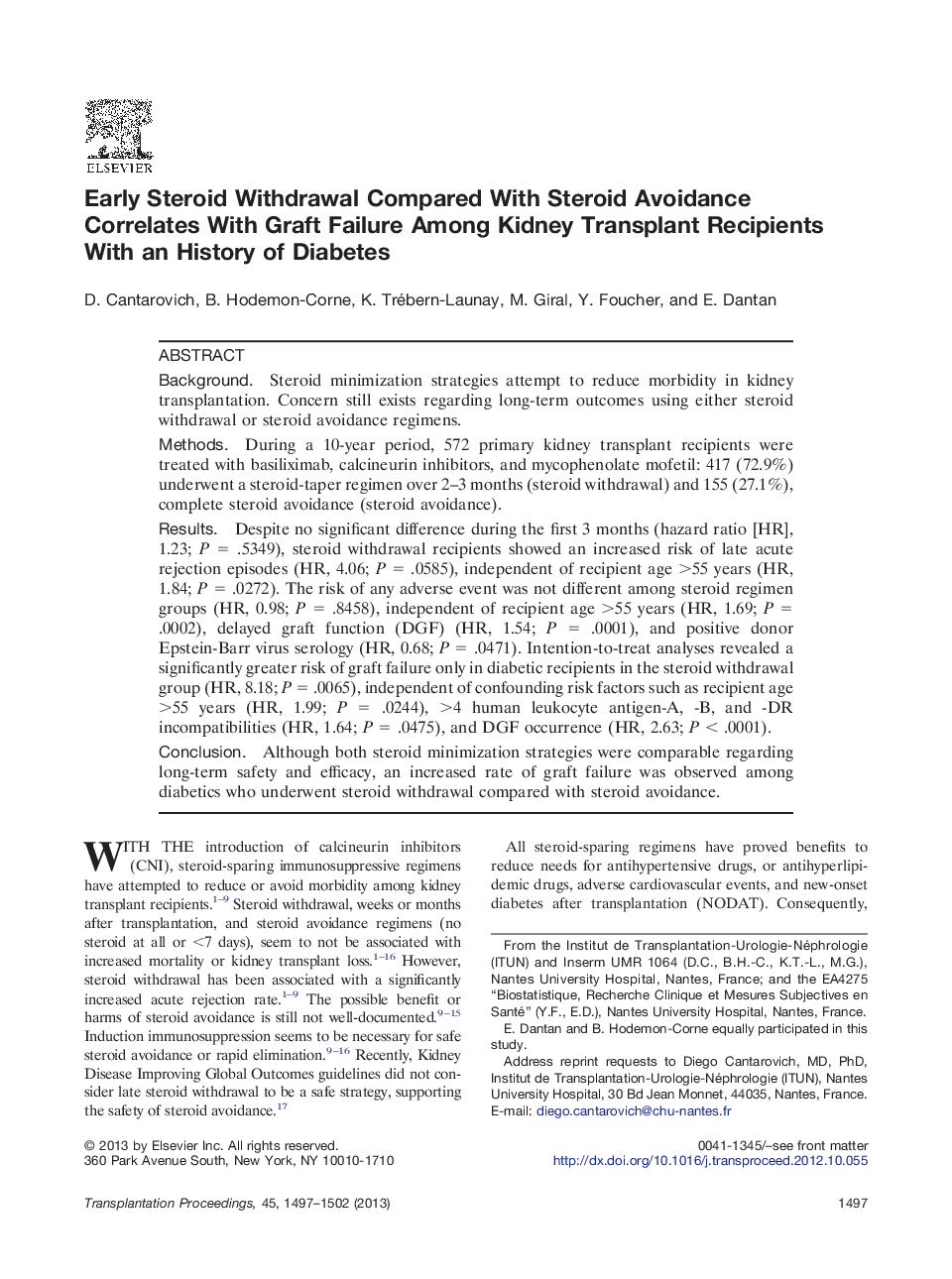 Early Steroid Withdrawal Compared With Steroid Avoidance Correlates With Graft Failure Among Kidney Transplant Recipients With an History of Diabetes 