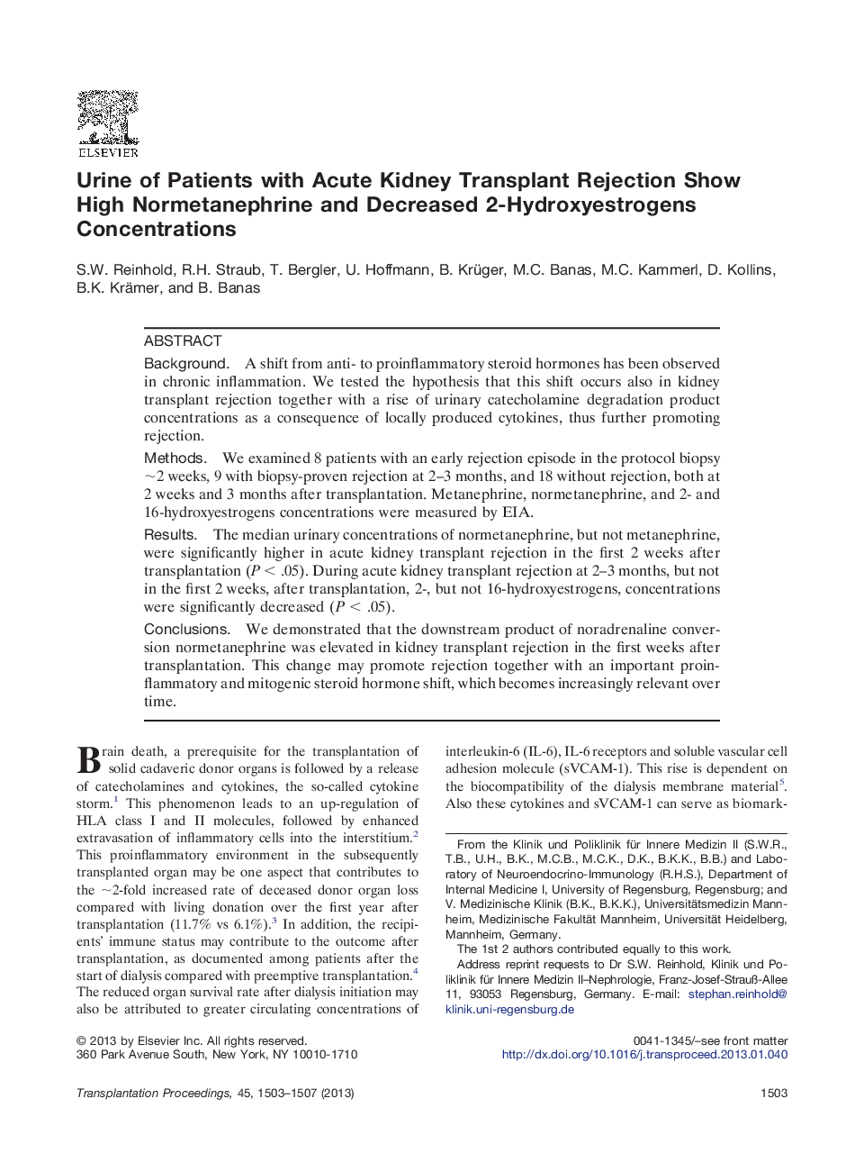 Urine of Patients with Acute Kidney Transplant Rejection Show High Normetanephrine and Decreased 2-Hydroxyestrogens Concentrations 