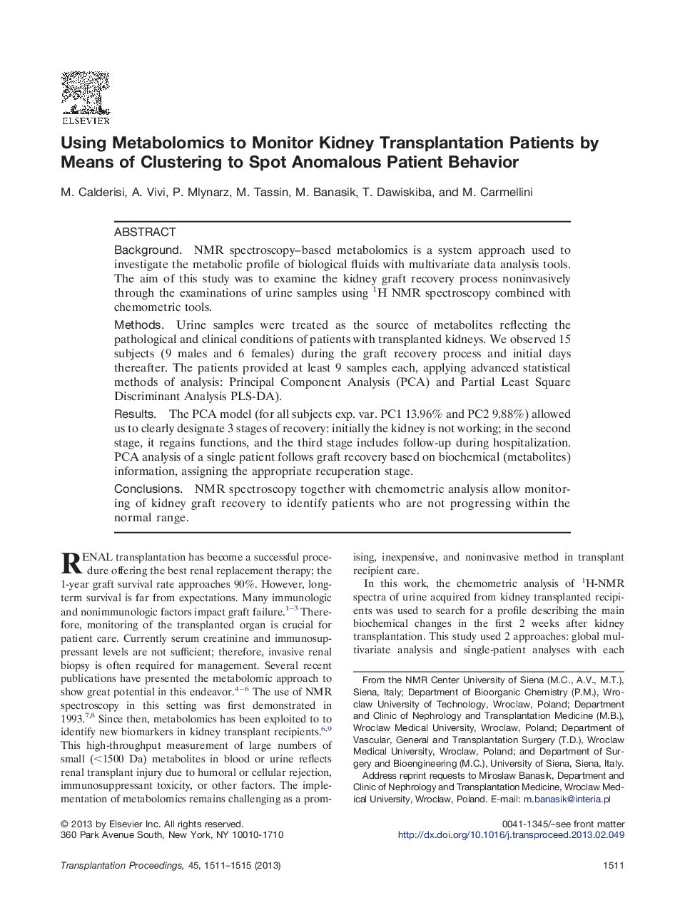Using Metabolomics to Monitor Kidney Transplantation Patients by Means of Clustering to Spot Anomalous Patient Behavior