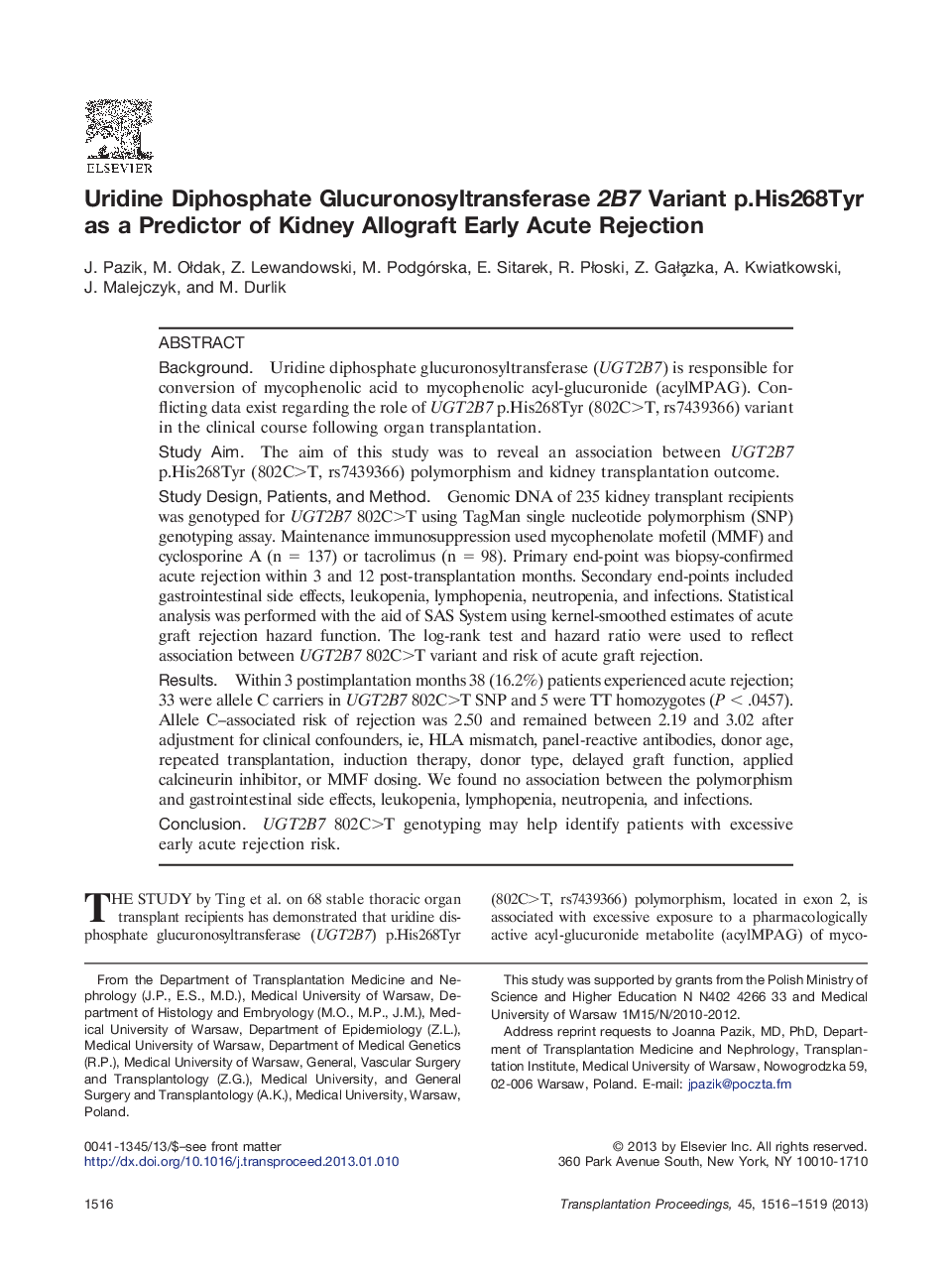 Uridine Diphosphate Glucuronosyltransferase 2B7 Variant p.His268Tyr as a Predictor of Kidney Allograft Early Acute Rejection 
