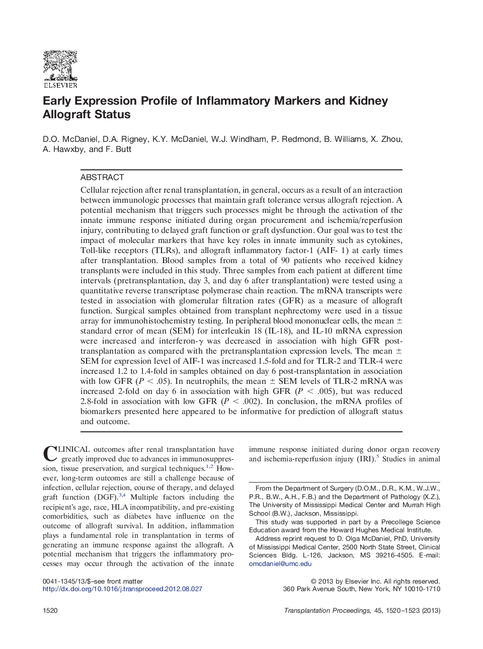 Early Expression Profile of Inflammatory Markers and Kidney Allograft Status