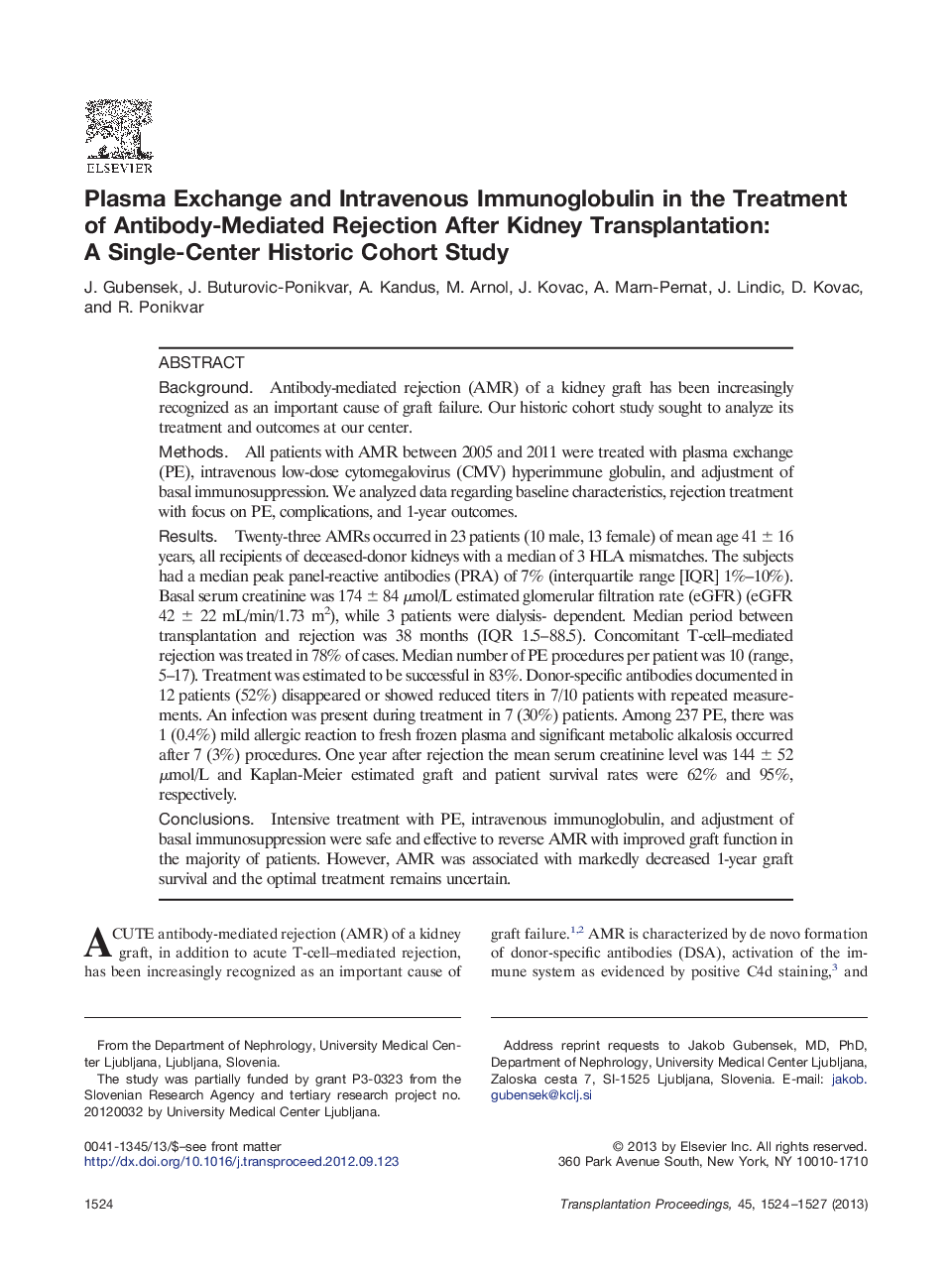 Plasma Exchange and Intravenous Immunoglobulin in the Treatment of Antibody-Mediated Rejection After Kidney Transplantation: A Single-Center Historic Cohort Study 