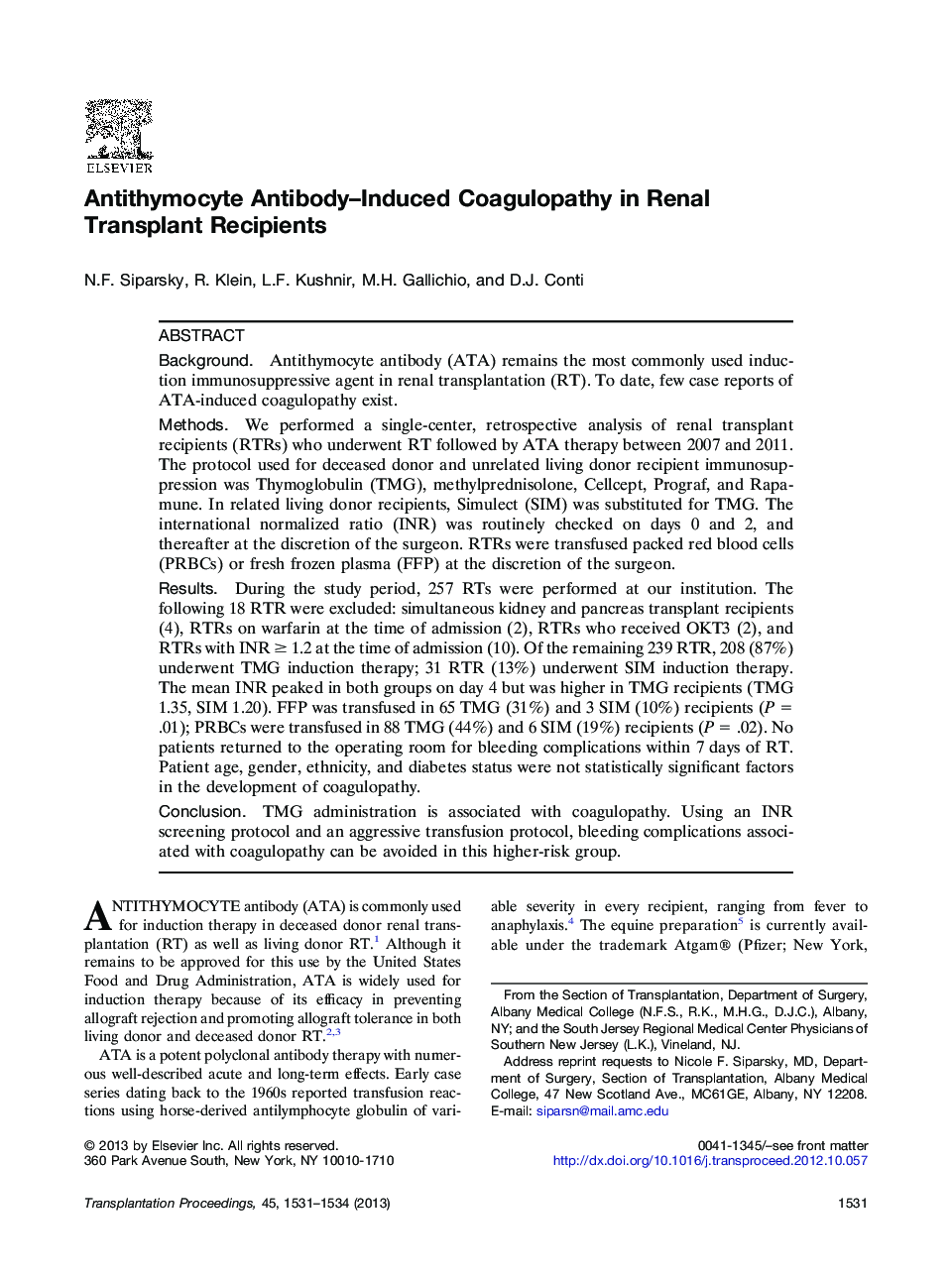 Antithymocyte Antibody–Induced Coagulopathy in Renal Transplant Recipients