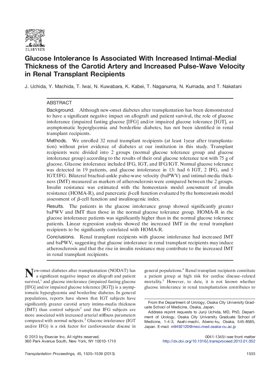 Glucose Intolerance Is Associated With Increased Intimal-Medial Thickness of the Carotid Artery and Increased Pulse-Wave Velocity in Renal Transplant Recipients