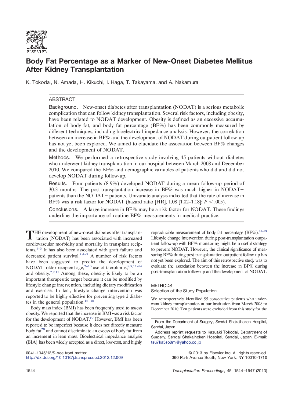 Body Fat Percentage as a Marker of New-Onset Diabetes Mellitus After Kidney Transplantation