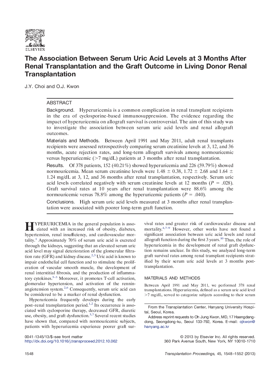 The Association Between Serum Uric Acid Levels at 3 Months After Renal Transplantation and the Graft Outcome in Living Donor Renal Transplantation
