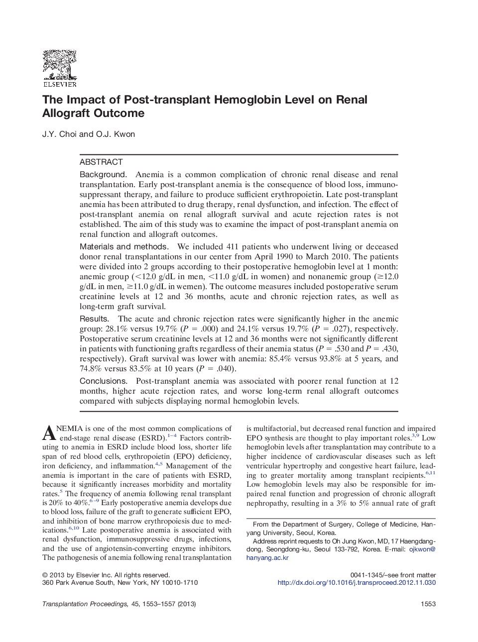 The Impact of Post-transplant Hemoglobin Level on Renal Allograft Outcome