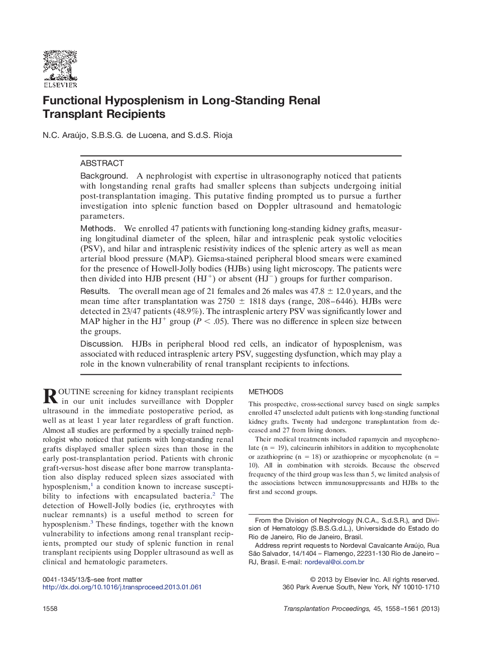 Functional Hyposplenism in Long-Standing Renal Transplant Recipients