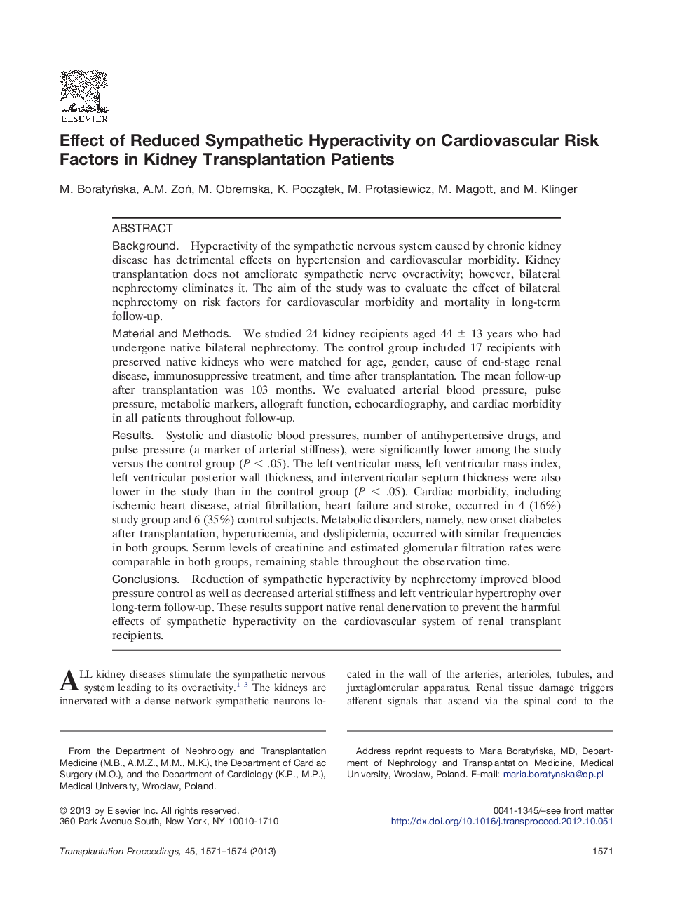 Effect of Reduced Sympathetic Hyperactivity on Cardiovascular Risk Factors in Kidney Transplantation Patients