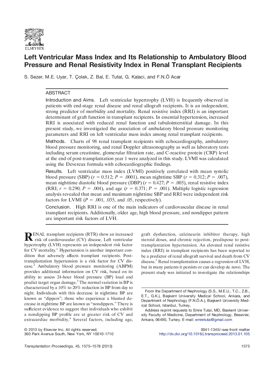 Left Ventricular Mass Index and Its Relationship to Ambulatory Blood Pressure and Renal Resistivity Index in Renal Transplant Recipients