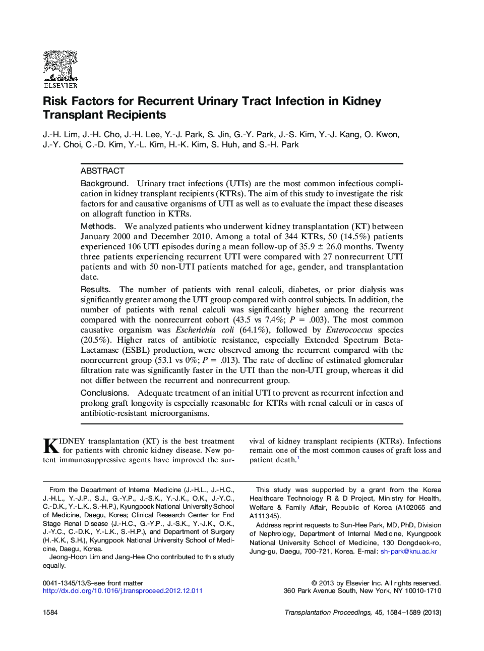 Risk Factors for Recurrent Urinary Tract Infection in Kidney Transplant Recipients 