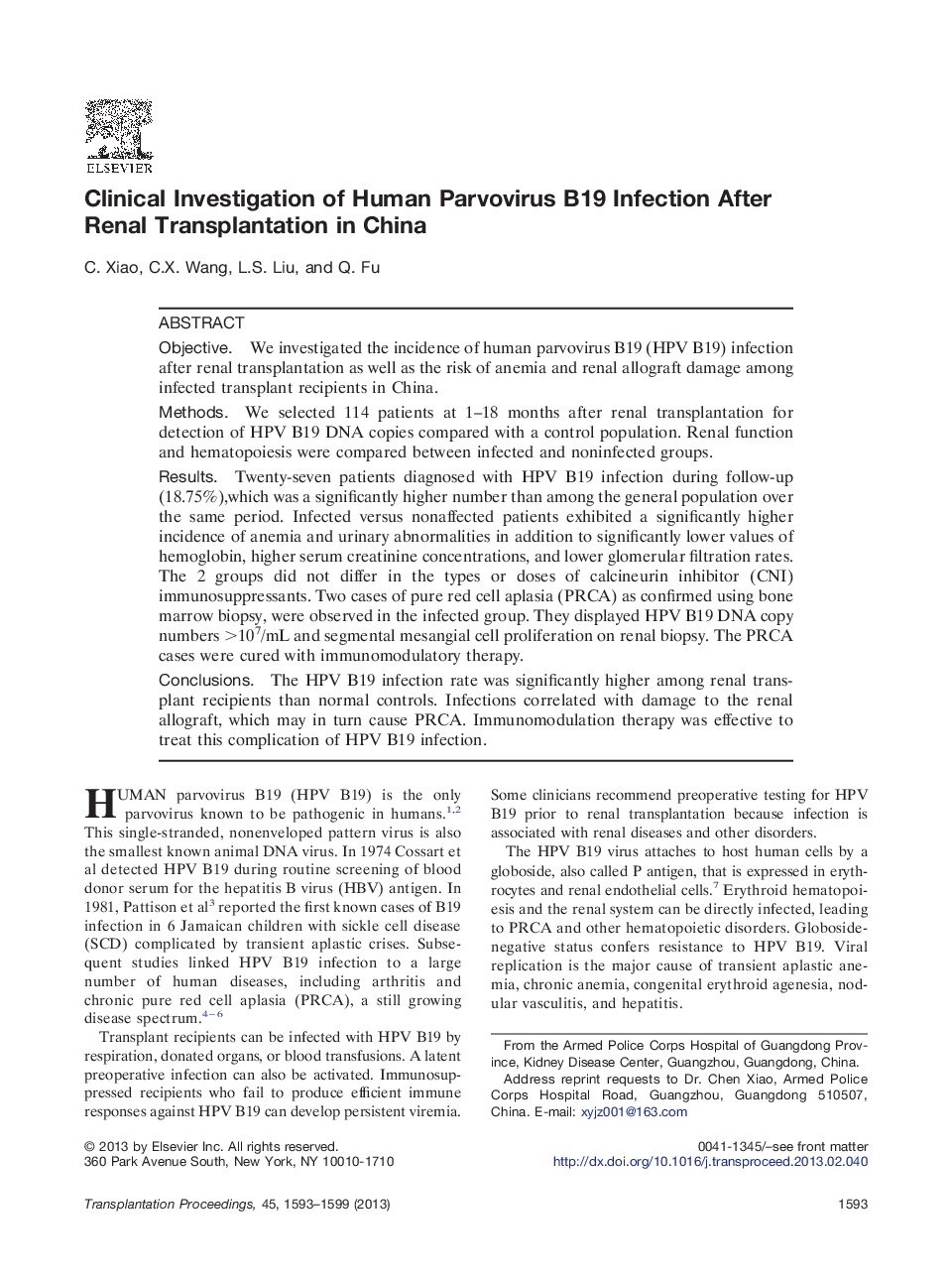 Clinical Investigation of Human Parvovirus B19 Infection After Renal Transplantation in China
