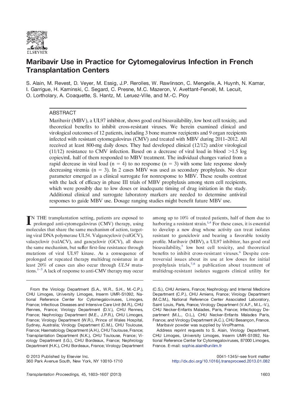 Maribavir Use in Practice for Cytomegalovirus Infection in French Transplantation Centers 