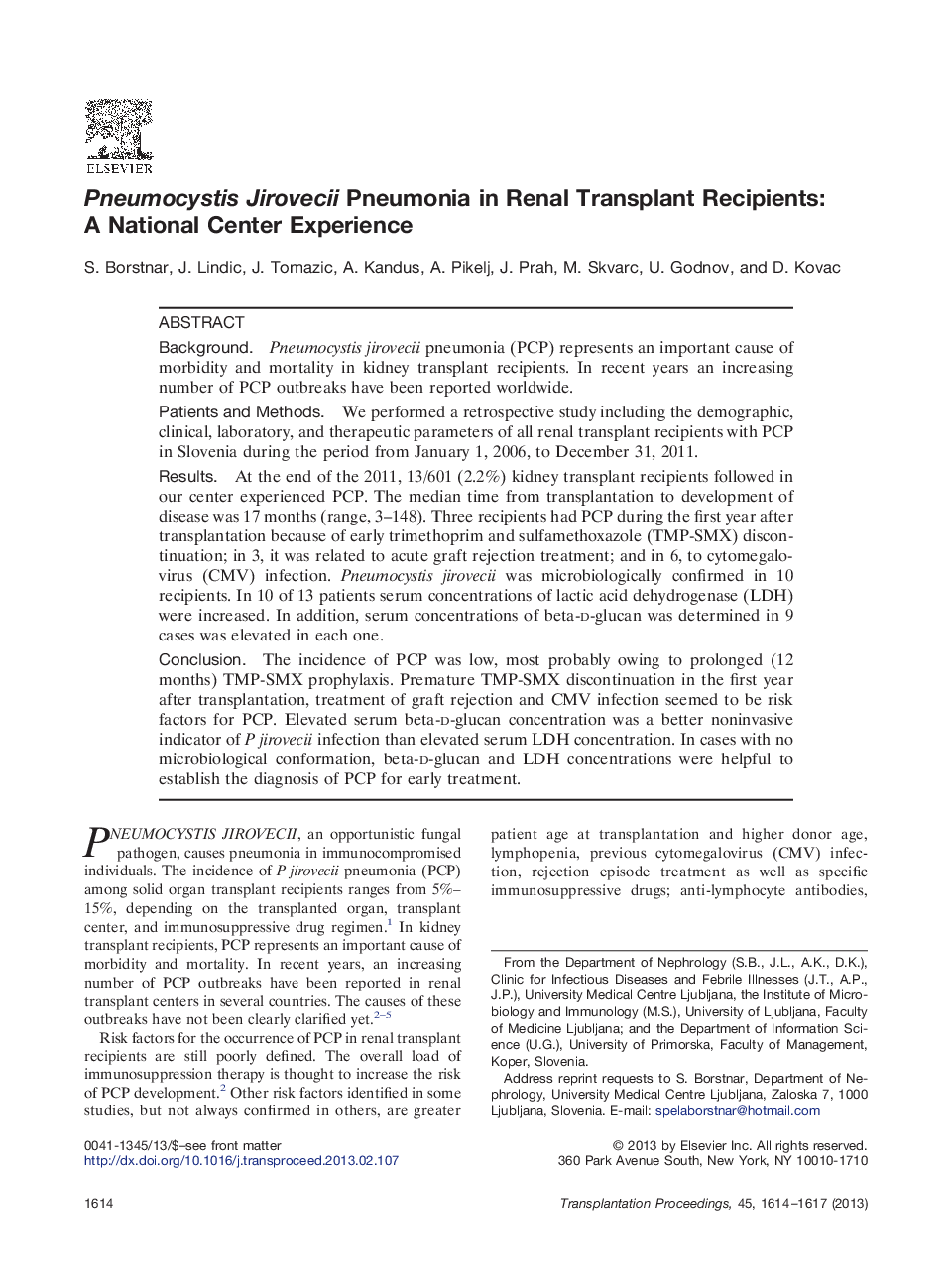 Pneumocystis Jirovecii Pneumonia in Renal Transplant Recipients: A National Center Experience