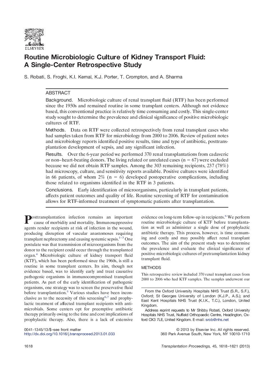 Routine Microbiologic Culture of Kidney Transport Fluid: A Single-Center Retrospective Study