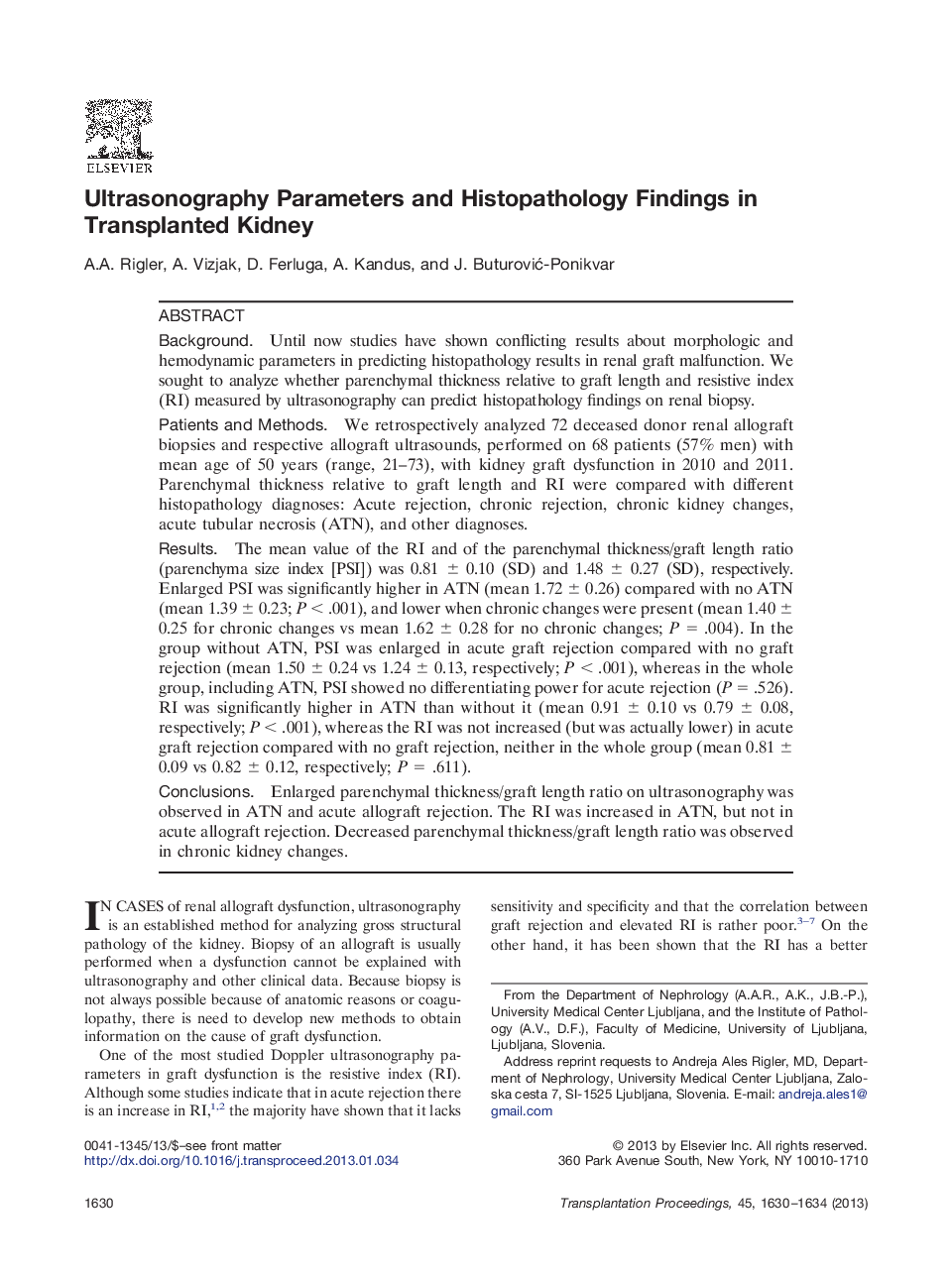 Ultrasonography Parameters and Histopathology Findings in Transplanted Kidney