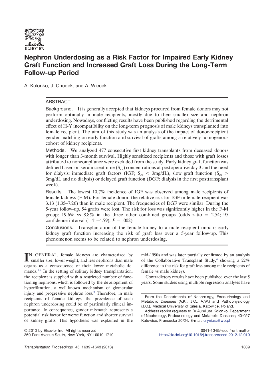 Nephron Underdosing as a Risk Factor for Impaired Early Kidney Graft Function and Increased Graft Loss During the Long-Term Follow-up Period