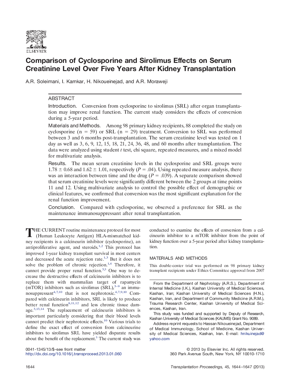 Comparison of Cyclosporine and Sirolimus Effects on Serum Creatinine Level Over Five Years After Kidney Transplantation 