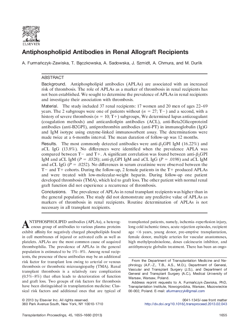 Antiphospholipid Antibodies in Renal Allograft Recipients